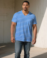 Men's Plus Size Blue And White Striped Cotton-blend V-neck Short Sleeve T-shirt